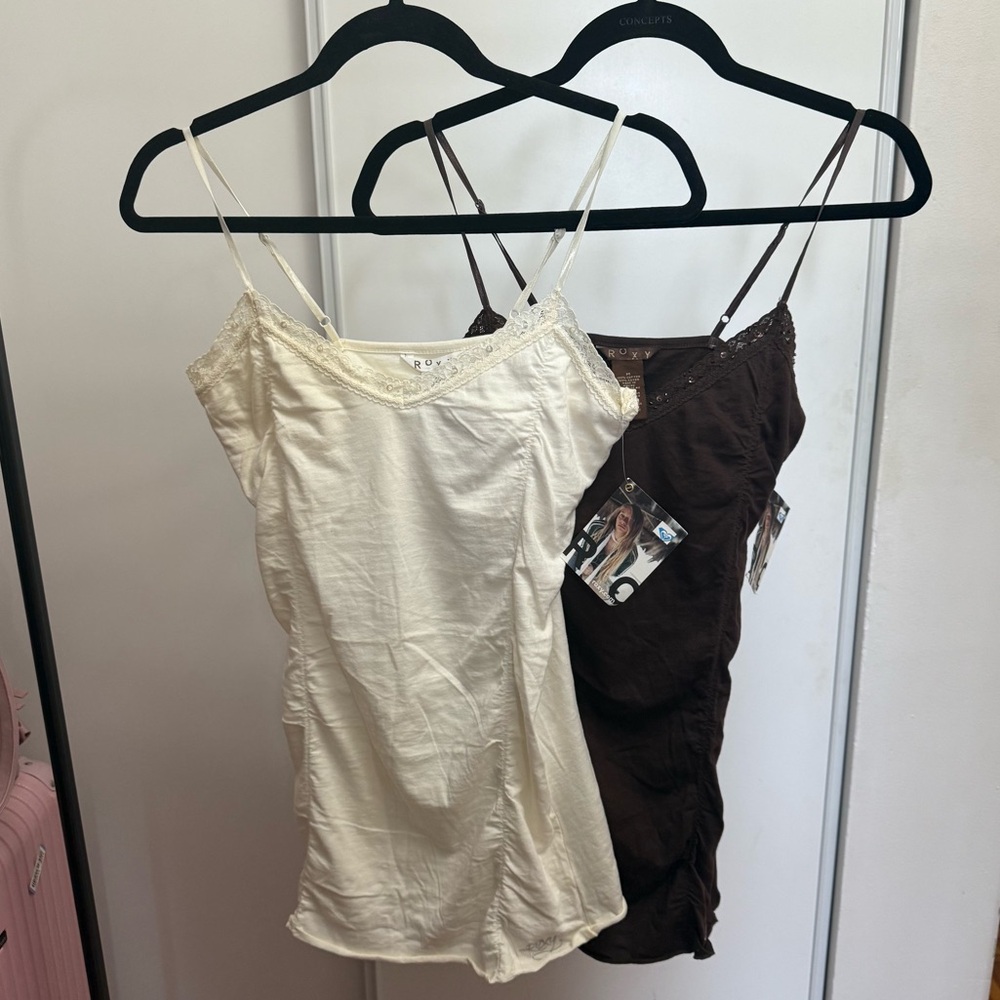 ROXY Cream & Brown Beaded Lace Camisole
